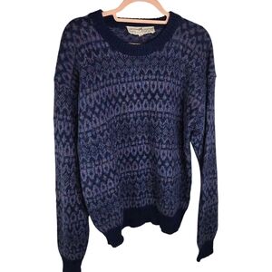 vtg 90s Peruvian Connection Pure Alpaca Blue Jacquard Pattern Crewneck Sweater
